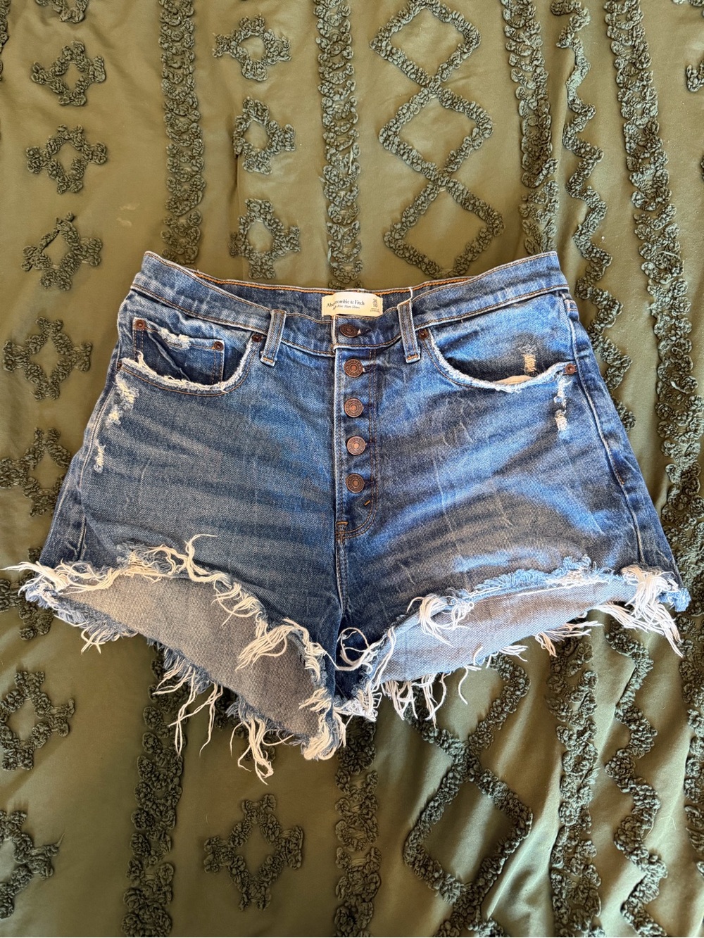 High-Rise Distressed Denim Shorts - Blue